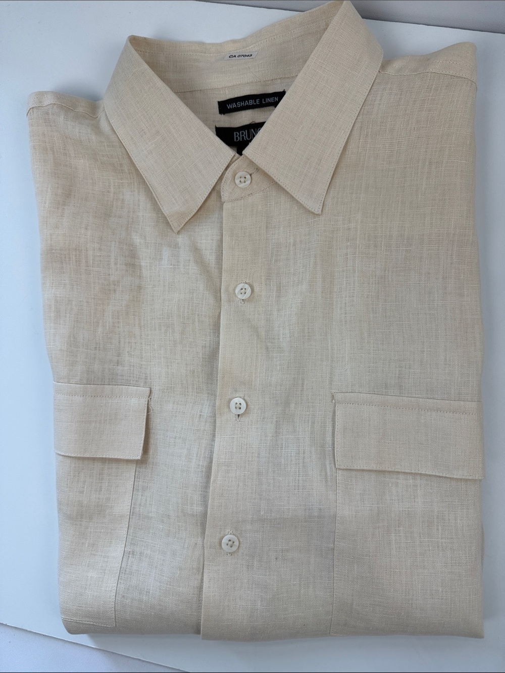 Bruno Magli Light Beige Washable Linen Button-Down Shirt